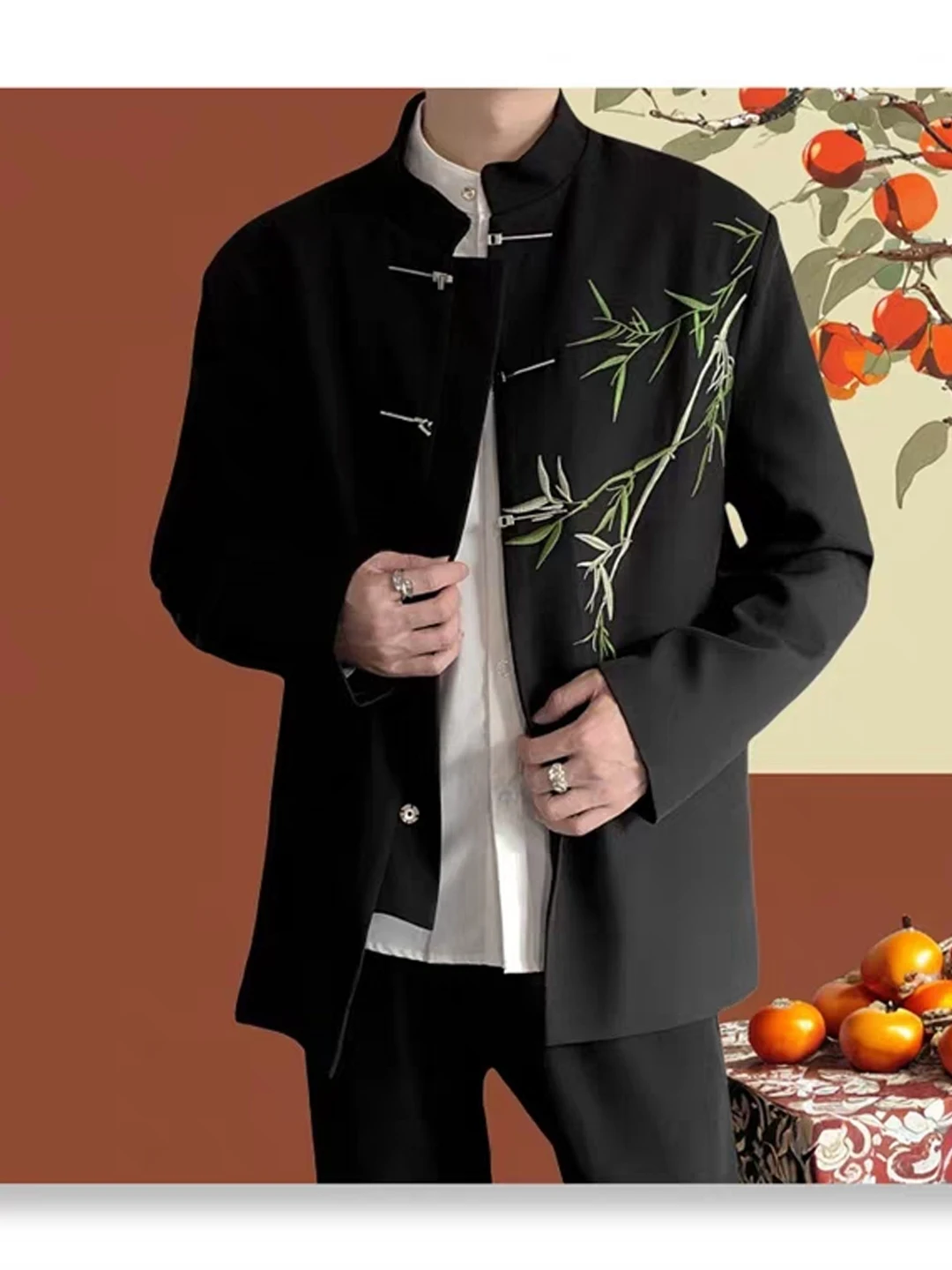 New Chinese Style Embroidered Bamboo Leaf Metal Button Casual Jacket Men's Loose Fit Long Sleeve Windproof Youth Popular Oute...