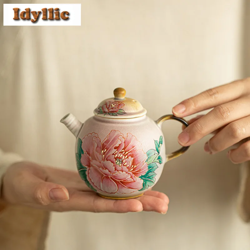 

190ml Hand-painted Peony Wood-fired Porcelain Teapot Retro Tea Infuser Pot Tea Brewing Kettle With Ball Hole Tea Items Craft