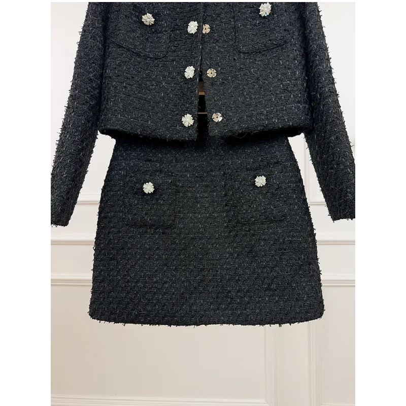 جودة عالية أسود صغير عطرة الماس دعوى المرأة سترة قصيرة عصرية + تنورة خط تويد سيدة الفرنسية قطعتين مجموعة #4