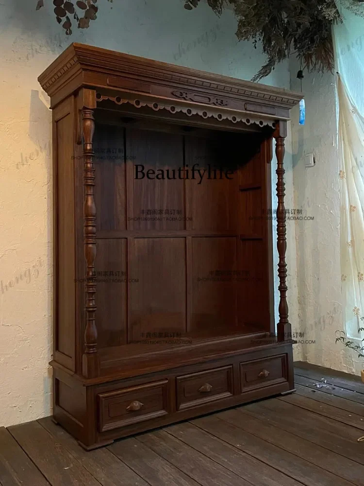 Y136 French retro solid wood bookcase medieval old glass display case sliding door carved storage display case