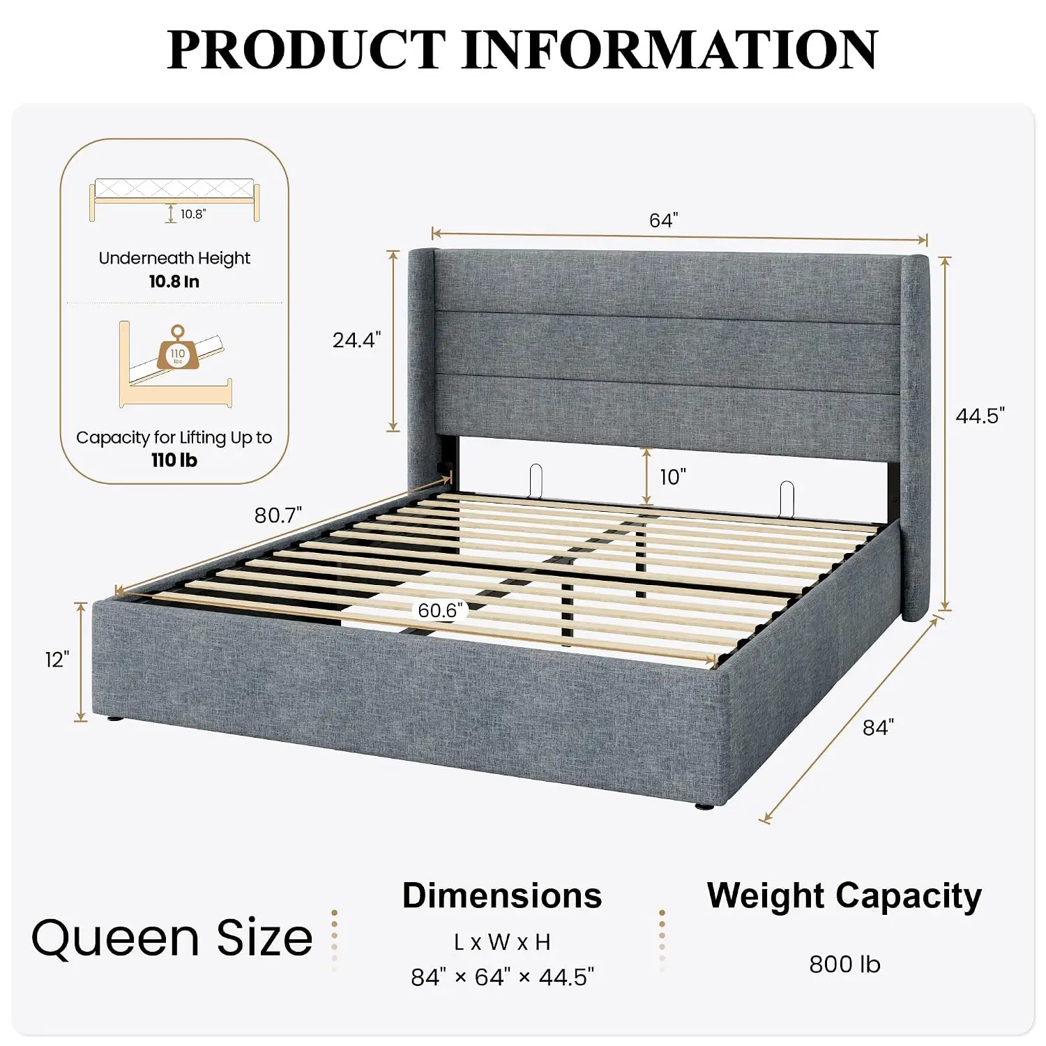 Queen Size Lift Up Hydraulic Storage Bed Frame Blue Grey, Customized