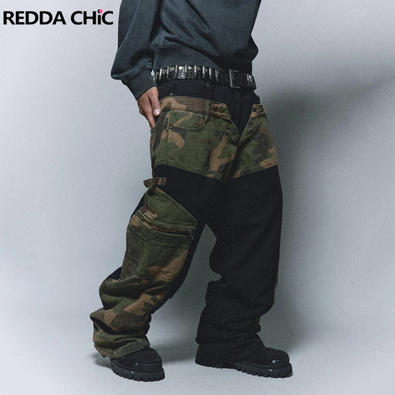 REDDACHIC Vintage Patchwork Camouflage Cargo Jeans Men Contrast Loose High Waist Hiphop Wide Leg Denim Pants Harajuku Streetwear