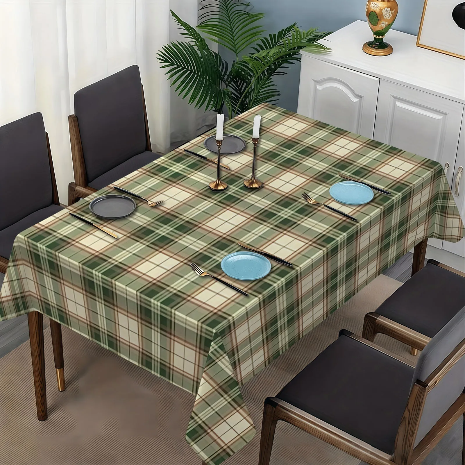 Retro checkered tablecloth with a soft rectangular green-brown check pattern design
