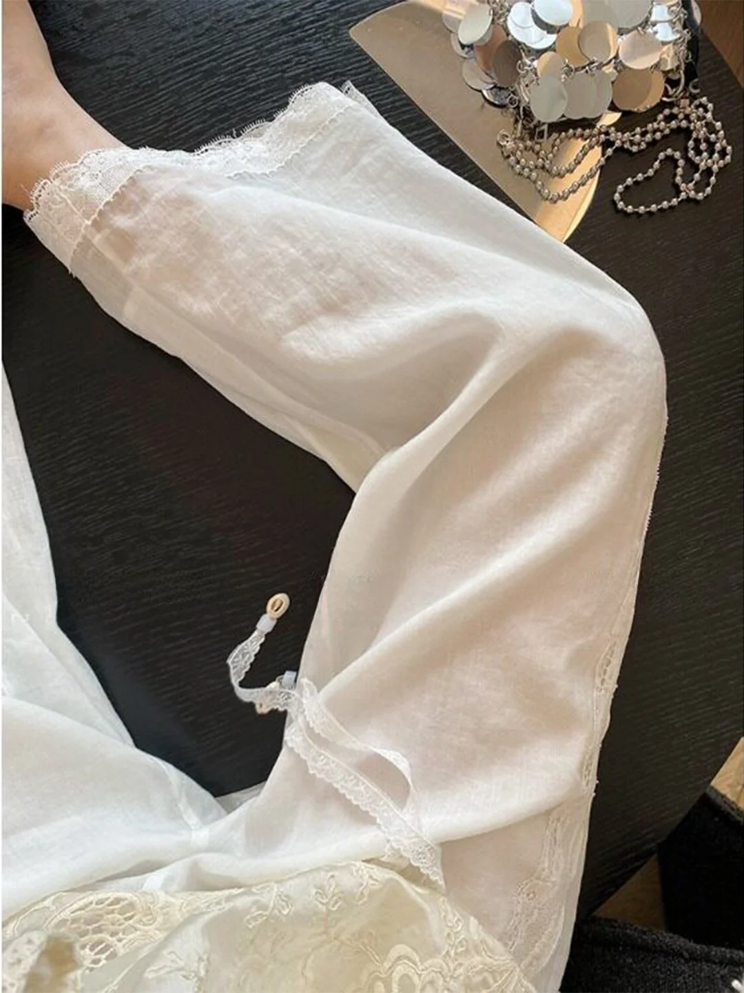 Ladies' Summer 2026 New Style Wide Leg Pants Linen Material Straight Cut Casual Trousers Lace Splicing Loose Fit High Waist