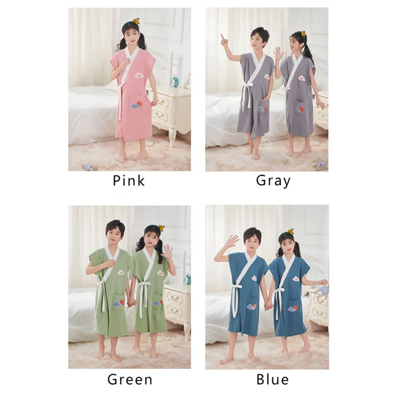 Cartoon Embroidery Kids Sleeveless Gauze Cotton Bathrobe Soft Breathable Kimono Robe Children Home Nightgown