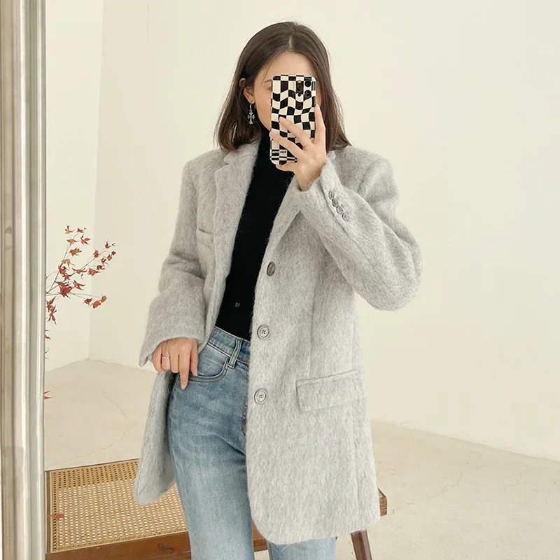 New White Grey Woolen Suiting Coat For Winter 2023 Warm Women\'s Casual Woolen Overcoat Jackets