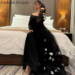 Fashion Beauty Black Evening Dresses Off Shoulder Applique A Line Floor-Length Formal Party Dress For Women 2024 فساتين السهرة