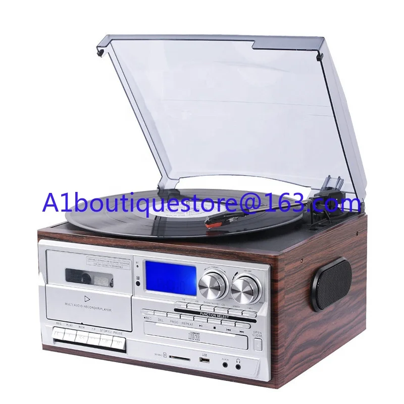 Multi-function turntable player Gramophone Vinyl record player with external speakers AM FM radio Bluetooth cassette player