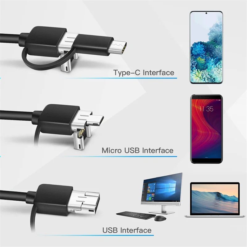 New 5.5MM Android Endoscope Camera 3 IN1 Micro USB Type C Borescope Mini Camera Waterproof LED Car Inspection For   PC