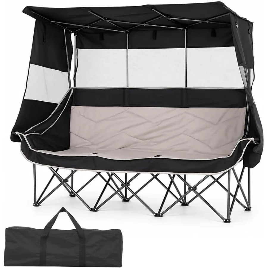 Camping chair for 3 persons with padding, canopy, and cooler bag durable polyester fabric, charcoal gray extra comfort and all-