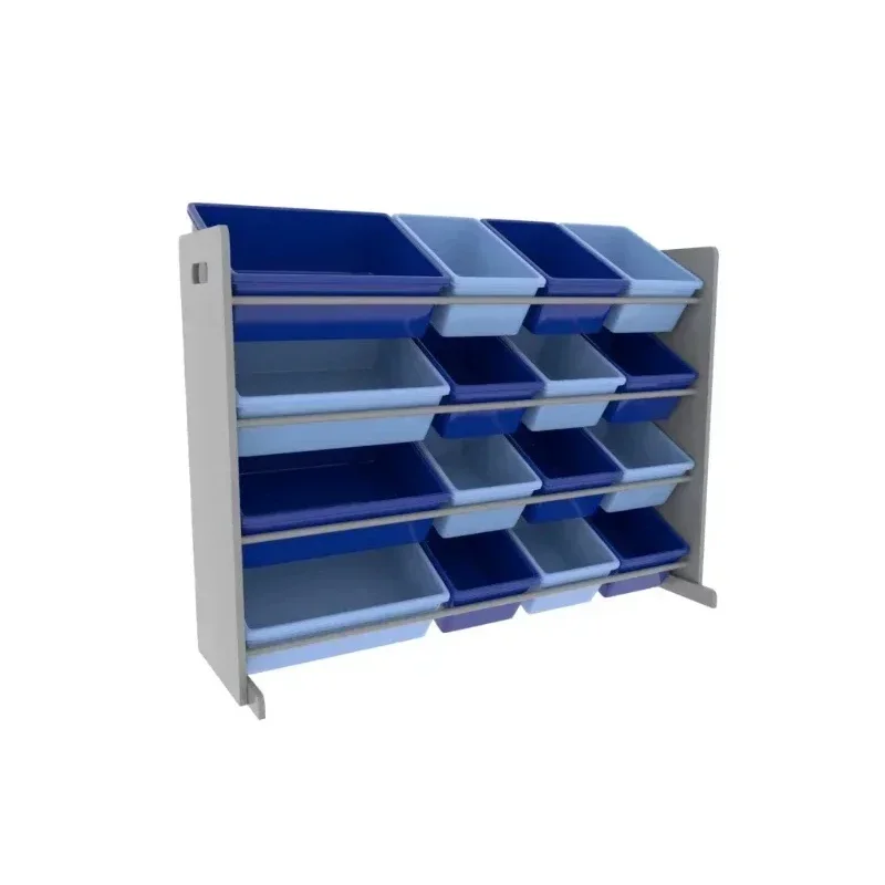 

Kids Grey Toy Storage Organizer with 16 Blue Plastic Storage Bins