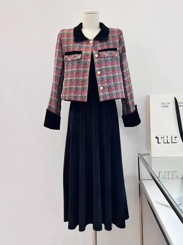 High Quality Small Fragrance Two Piece Set Women Tweed Jacket Coat + Sexy Velvet Dress Set Fashion French Vintage 2 Piece Suits