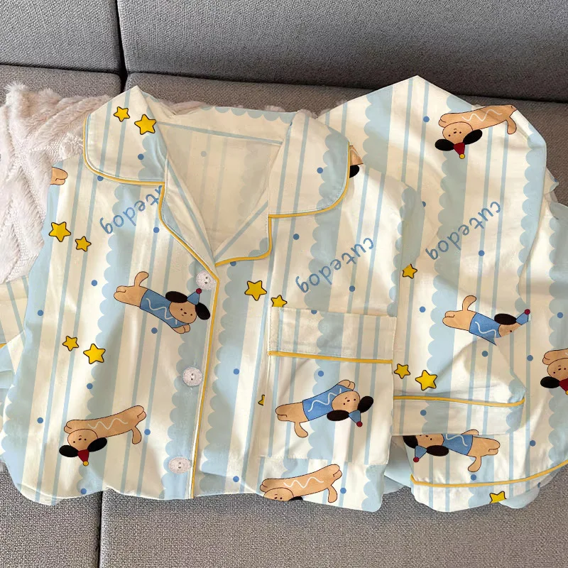 

Милый домашний костюм для женщин: пижама с длинными рукавами и брюками в красную полоску, весенне-осенний комплект для студентов, ночная одежда