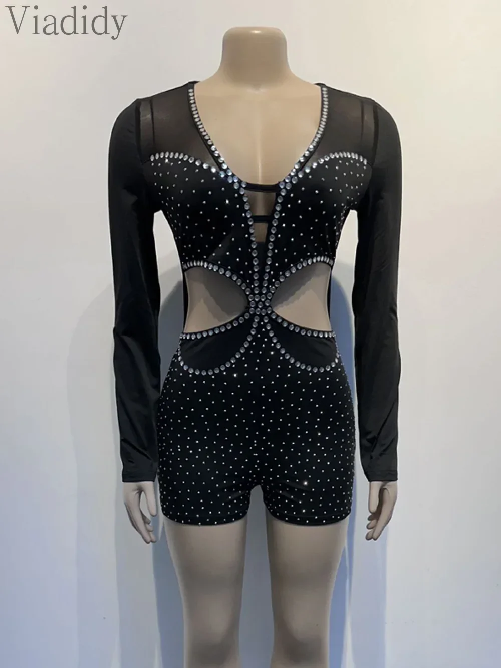Sexy Solid Color Sheer Mesh Rhinestone Decor Deep V Neck Hollow Out Long Sleeve Skinny Playsuits