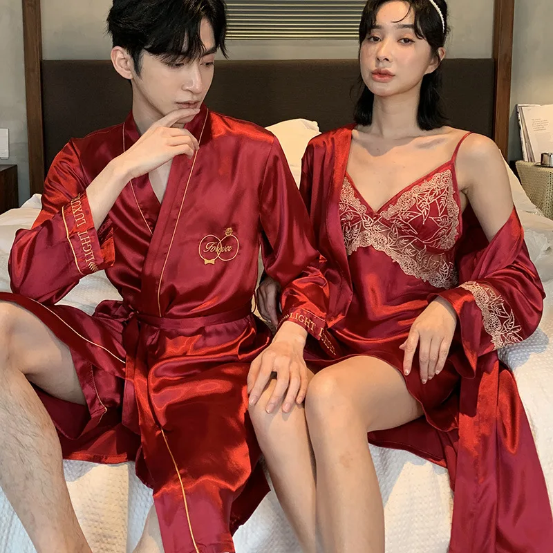 FZSLCYIYI 여름 새틴 Homewear 남자 로브 짧은 세트 Sleepwear 여자 레이스 패치 워크 가운 Nightdress 세트 커플 잠옷