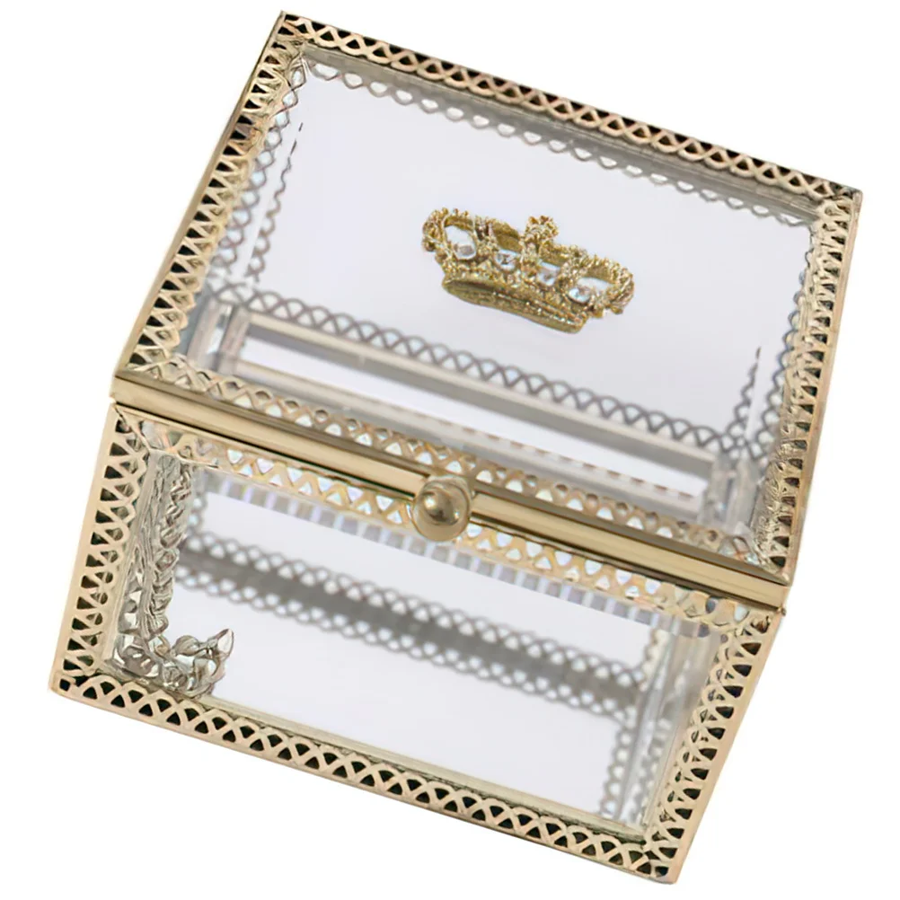 

Clear Glass Jewelry Storage Box Display Case for Trinkets Rings Earrings Desktop Decoration Gold Accent Keepsake Box Small