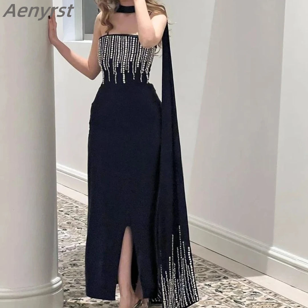 Aenyrst Elegant Evening Gown Women Luxury Beaded Spaghetti Bateau Prom Dress Detachable Train Side Slit Gowns Party فساتين سهره