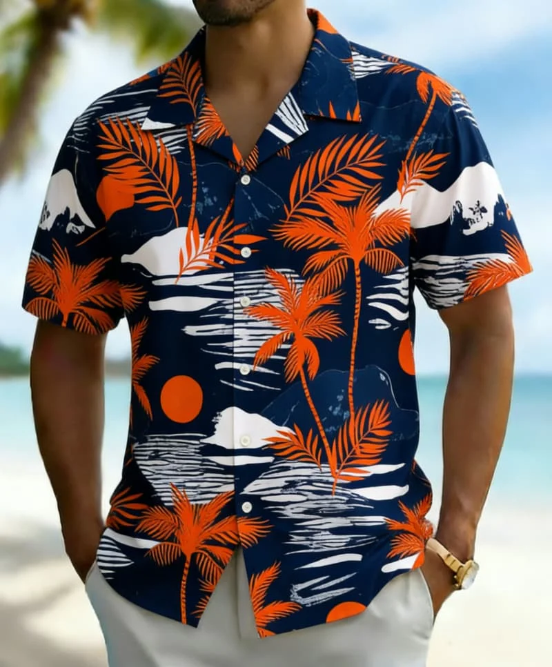 

Men's Watercolor Palm Tree & Island Print Shirt, Exotic Hawaiian Casual Design for Summer Vacation, Daily Wear & Street Style