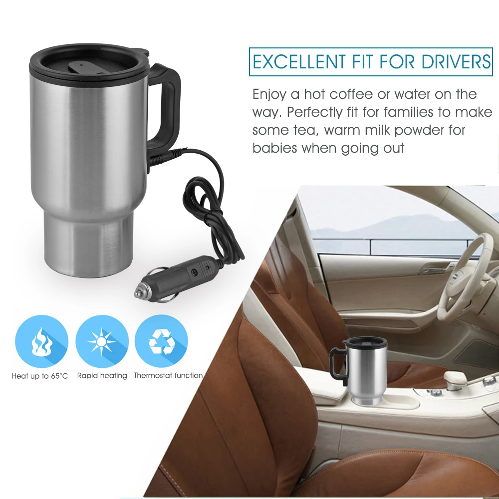 450ml Stainless Steel Vehicle Heating Cup Electric Heating Car Kettle Camping Travel Kettle Water Coffee Milk Thermal Mug