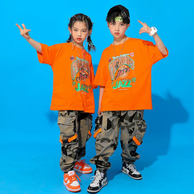 Boys Hip Hop Camouflage Pants Girl Jogger 2 Pcs Set Kids Printed T-shirt Dance Clothes Teen Jazz Street Child Costume Streetwear