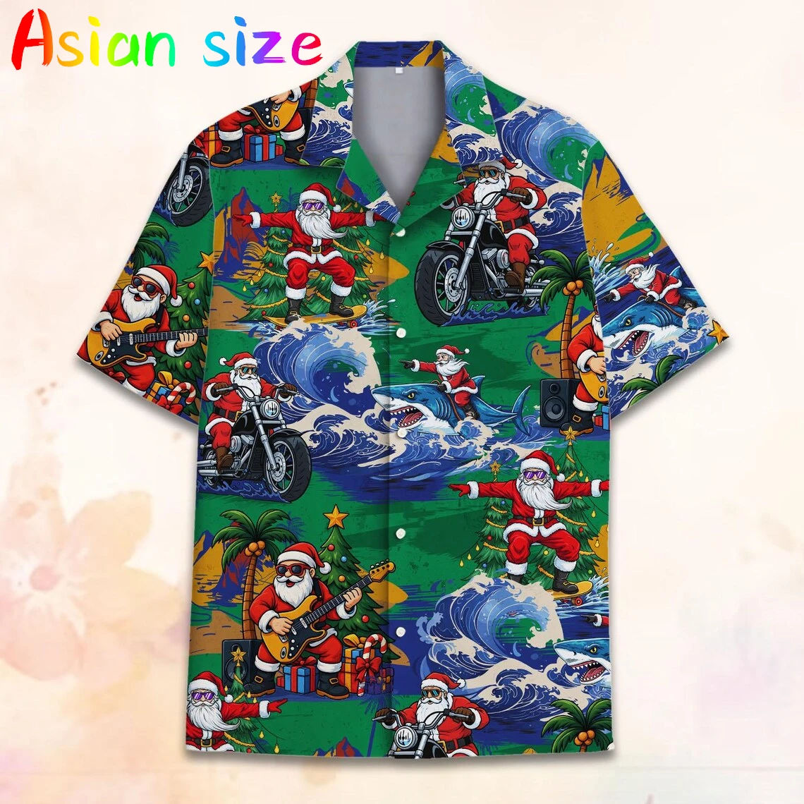 Christmas Funny Santa Claus Motorcycle Shirt For Men All Over Print Autumn Loose Party Xmas Top Casual Short Sleeve Lapel Blouse