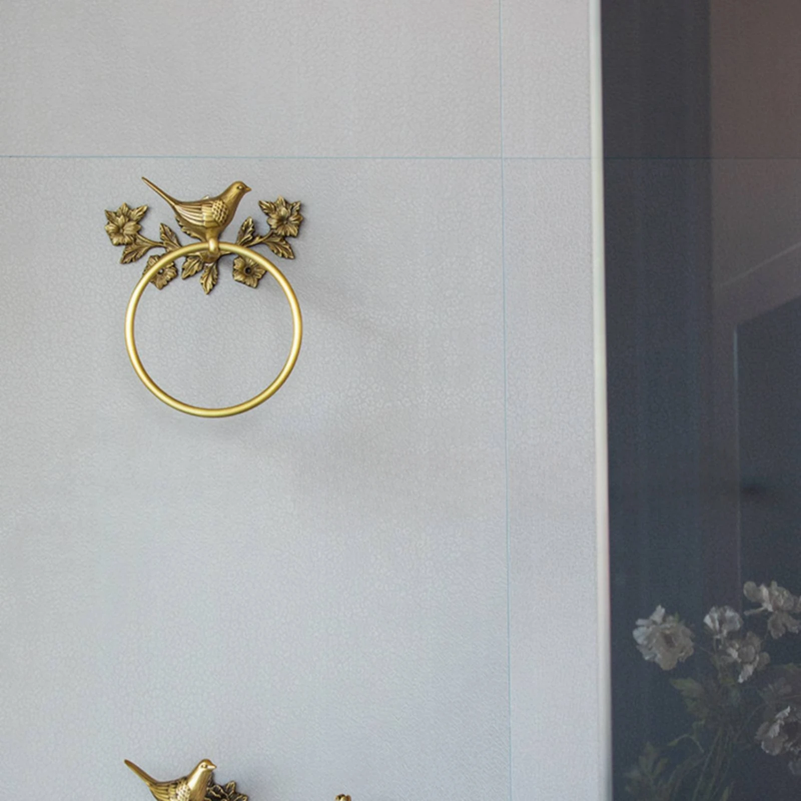 Towel Holder with Bird and Floral Motif Brass-Toned Towel Loop with Floral Design Hardware Nature-Inspired Decorative