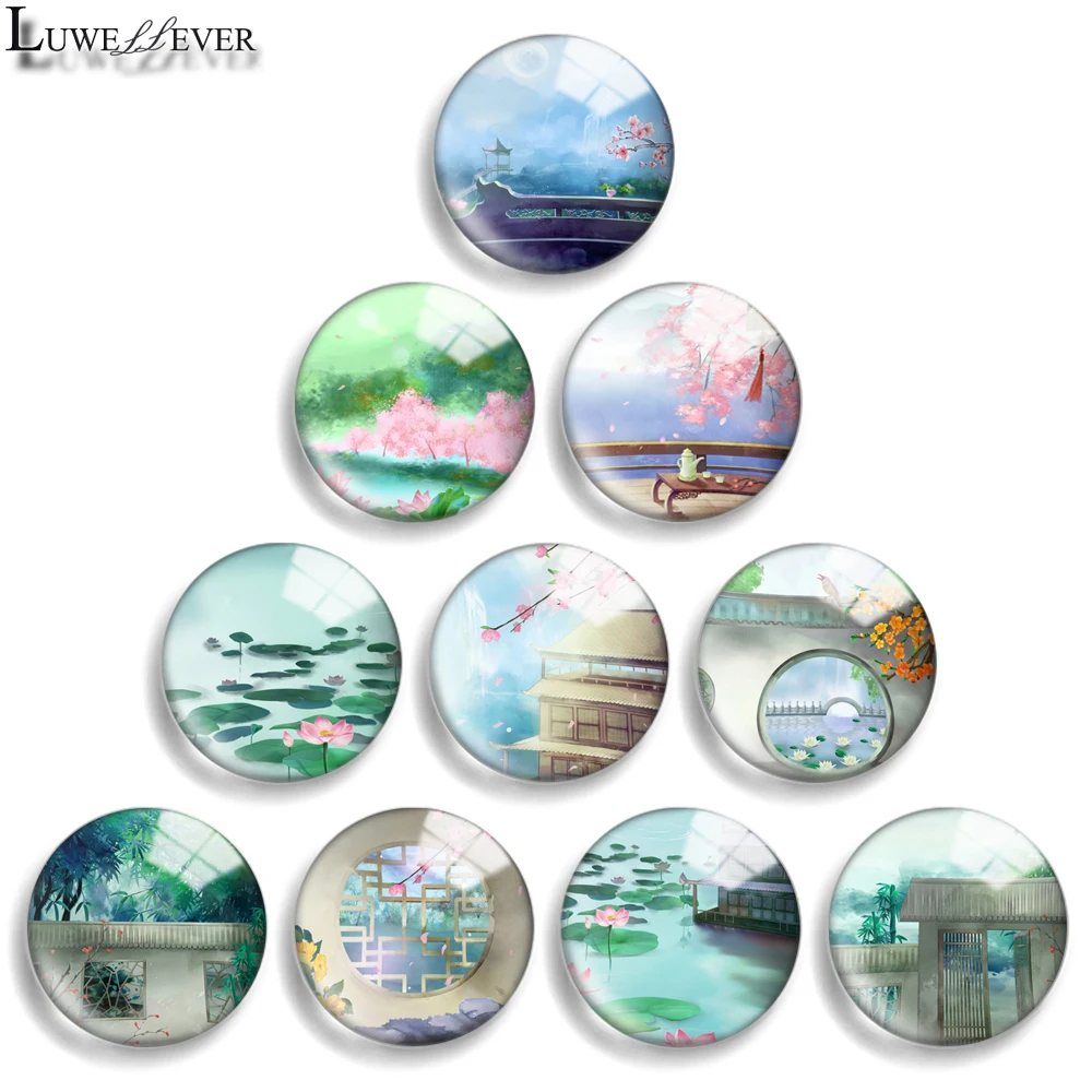 

10mm 12mm 20mm 25mm 30mm 40mm 790 Landscape Painting Mix Round Glass Cabochon Jewelry Finding 18mm Snap Button Charm Bracelet