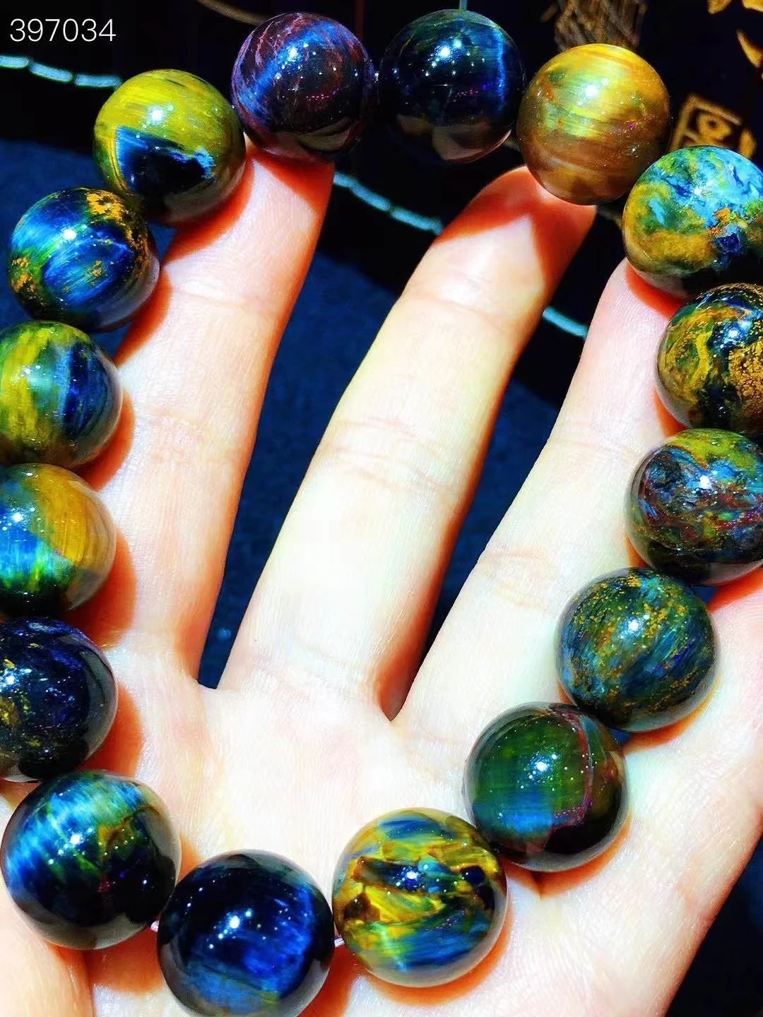 

Natural Blue Yellow Pietersite Round Beads Bracelet 14.5mm Big Chatoyant Cat Eye Namibia Certificate AAAAA