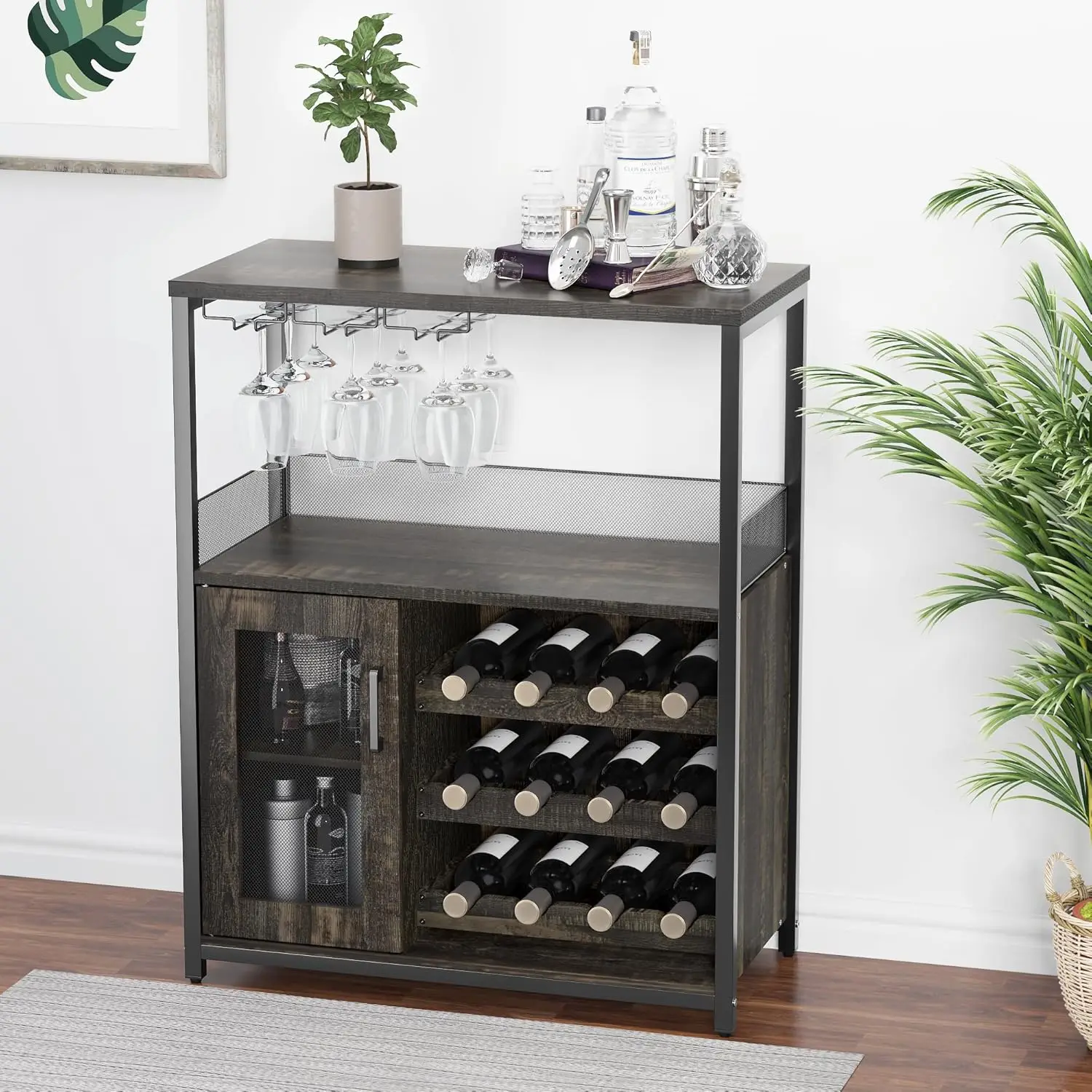 

3-Tier Wine Bar Cabinet with Detachable Wine Rack - Glass Holder, Mesh Door, Ample Storage - Buffet Sideboard for,Custom
