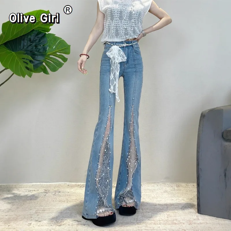 Olivegirl Denim jean bleu dentelle Patchwork Micro jean évasé femmes pantalon été strass mince taille haute pantalon évasé