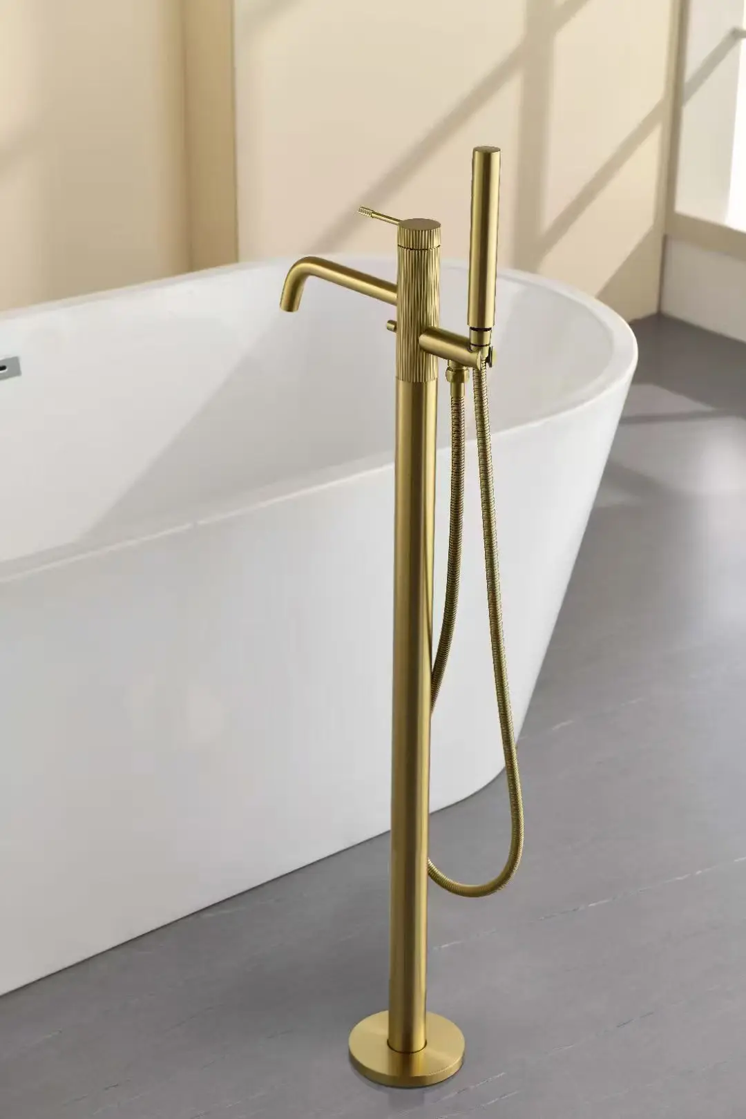 Luxury Floor-Mounted Brass Bathtub Faucet,Brushed Gold Finish,Concealed Installation,2-Function Tub Spout Bath Faucet Filler