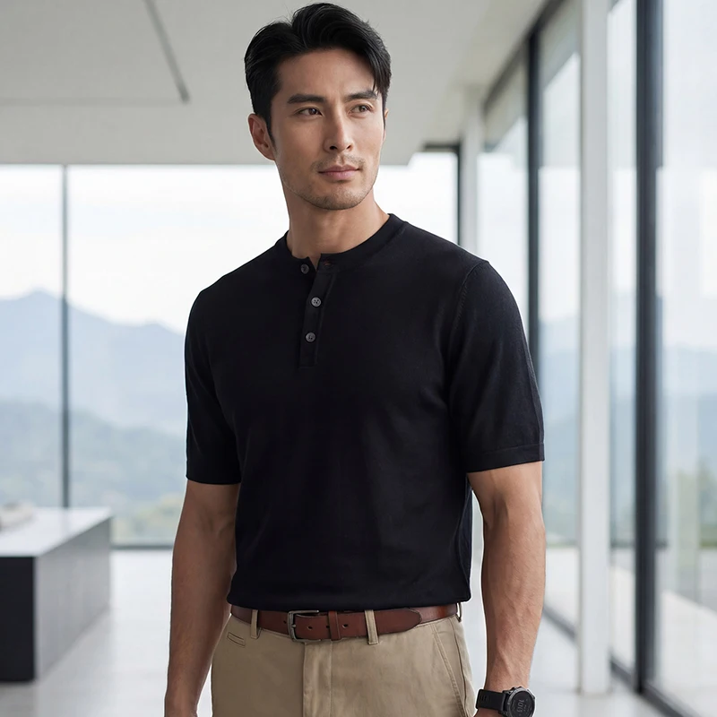 High-End Three-Button Men'S T-Shirt Summer 18-Stitch Fine-Spun Mulberry Silk Short-Sleeve Cool-Touch Knitted Round-Neck Top