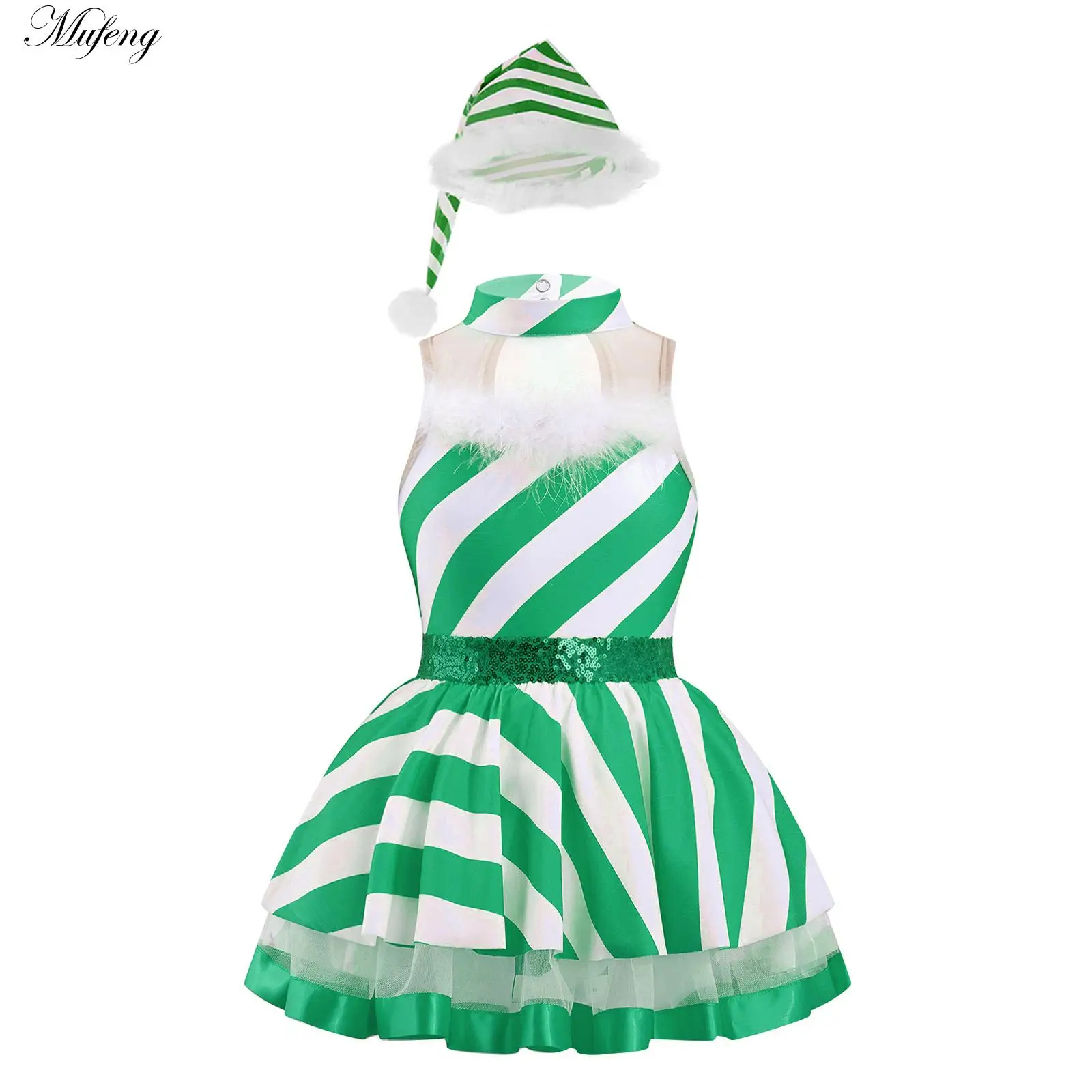 Costume de danse de noël pour enfants filles, avec nœud, Costume d'halloween pour Mme père noël, sans manches, Tutu de Ballet en maille, justaucorps, robe de danse avec chapeau