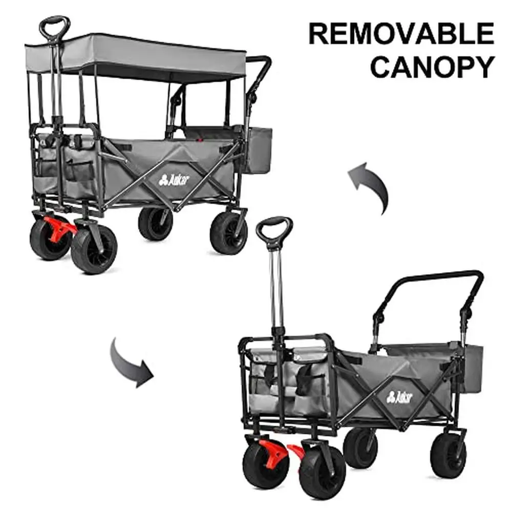 Collapsible Utility Wagon Canopy Heavy Duty Outdoor Garden Cart Adjustable Handles Big Wheels Sand Storage Cup Holders Foldable