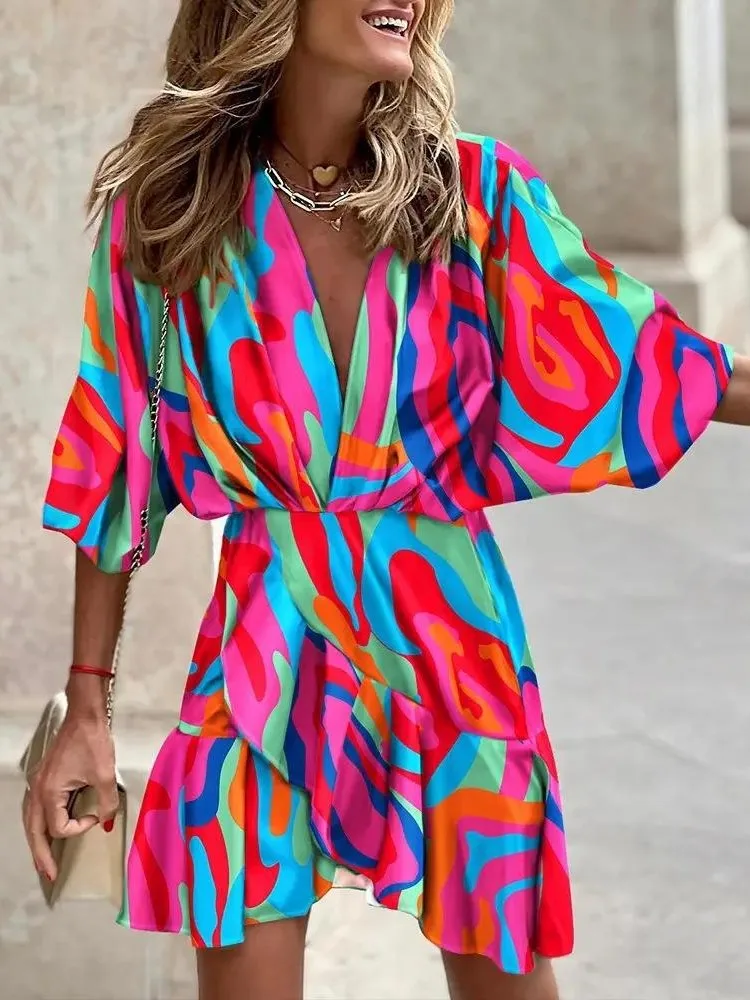 Fashion Women Boho Print Dress Summer Elegnat V Neck Casual Mini Dresses Female New 2024 Beach Party Dress Robe Femme