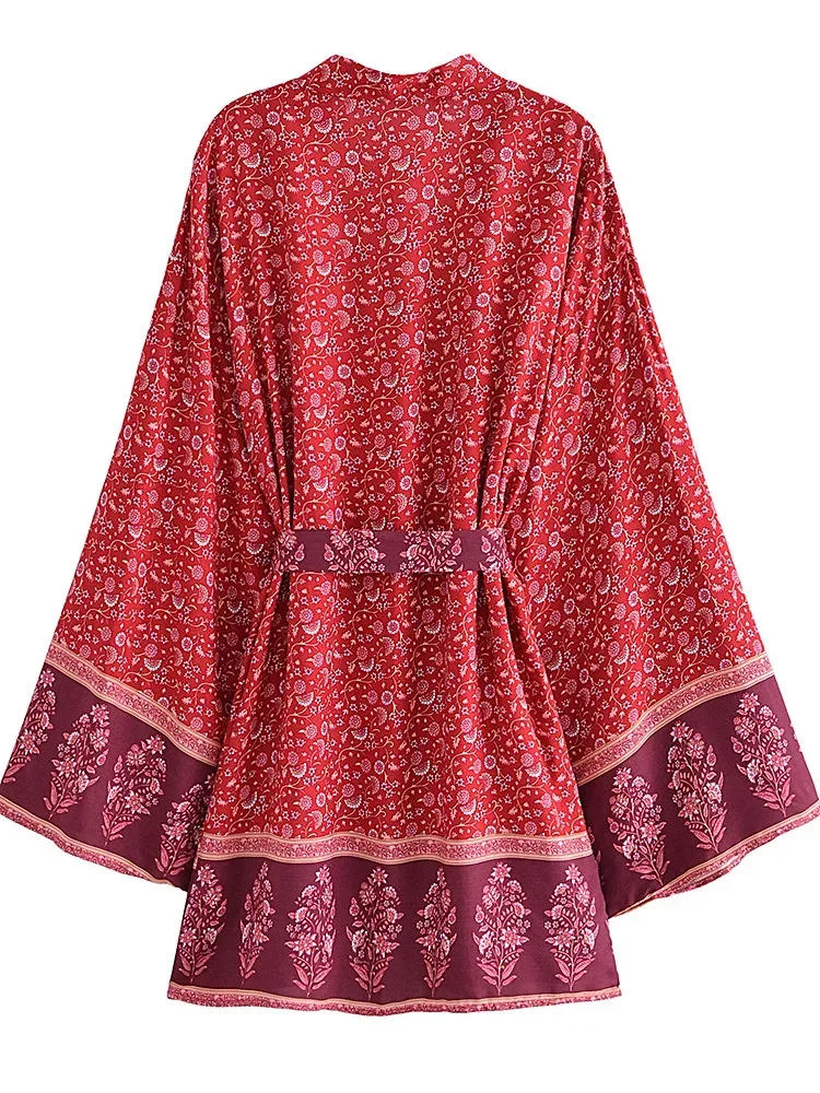 Vintage Red Floral Print Sashes Women Bohemian Beach Kimono V Neck Batwing Sleeves Happie Short Boho Robe Bikini Cover-ups