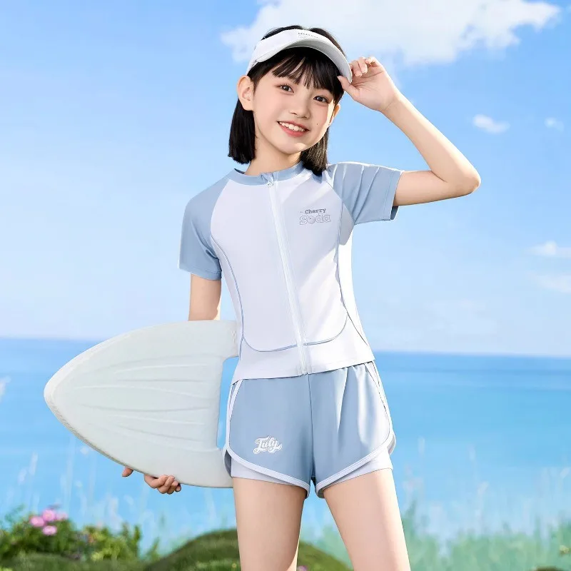 

Двухслойные шорты, купальники для девочек, костюмы из двух предметов, летняя пляжная одежда, детский купальник с короткими рукавами, одежда для бассейна, 5XL