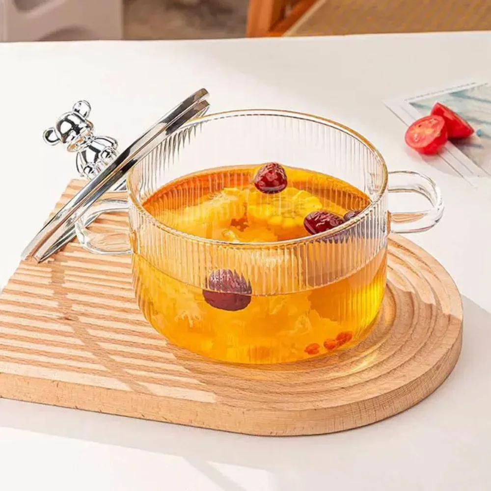 Transparent Bear Glass Saucepan Binaural Handle Heat Resistant Soup Pot Large Capacity With Lid Ramen Bowl Porridge