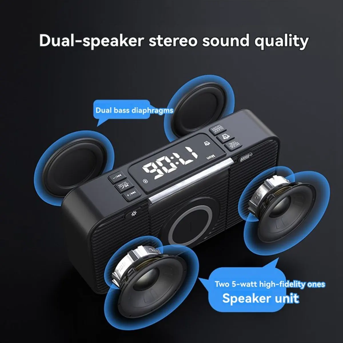 Wireless Charging Station with Bluetooth Speaker, Alarm Clock, FM Radio, Night Light, Phone Holder, Adjustable Display