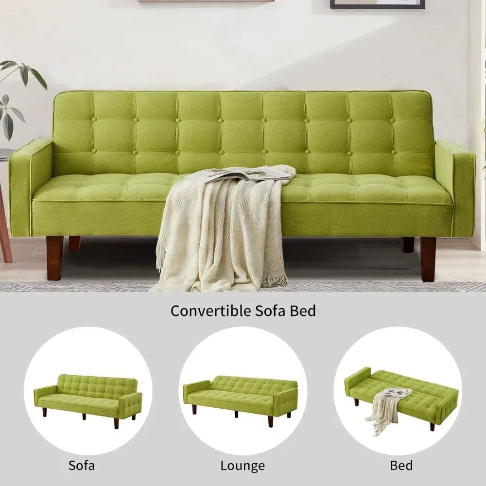 ##For Futon Sofa Bed, Modern Tufted Loveseat Sofa Sleeper, Linen 3 Seater Couch for Living Room, Bedroom, Apartment, Green& view 5