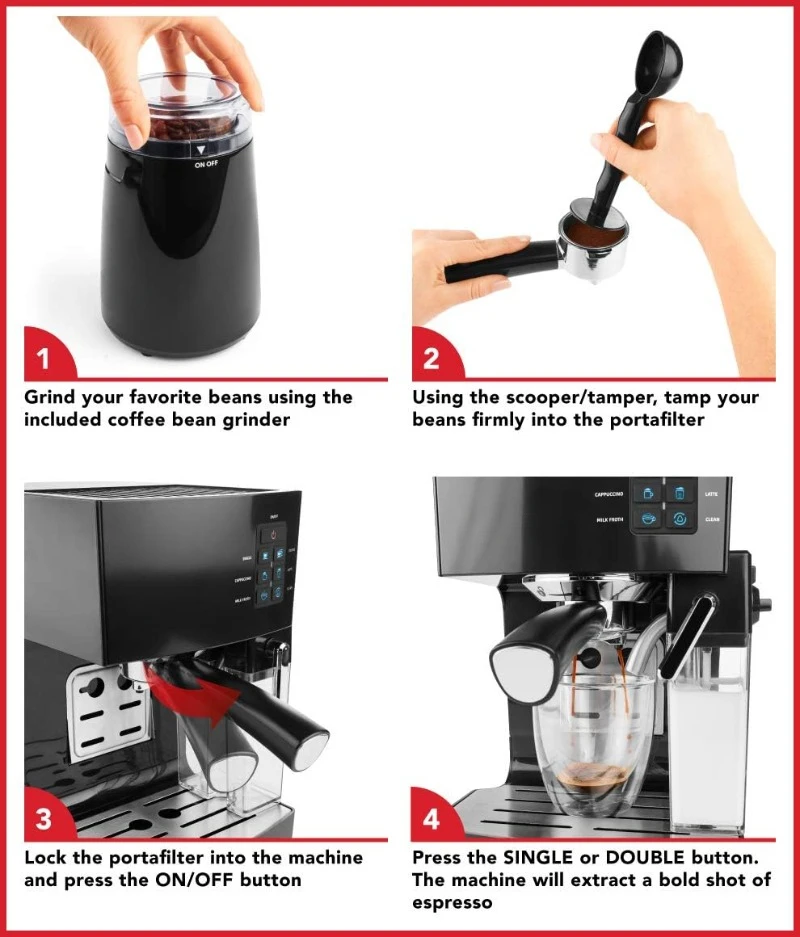 Mesin/Pembuat Espresso 19 Bar, Set 10 potong, Cappuccino dan Latte dengan satu tombol, dengan Steamer susu 1250W