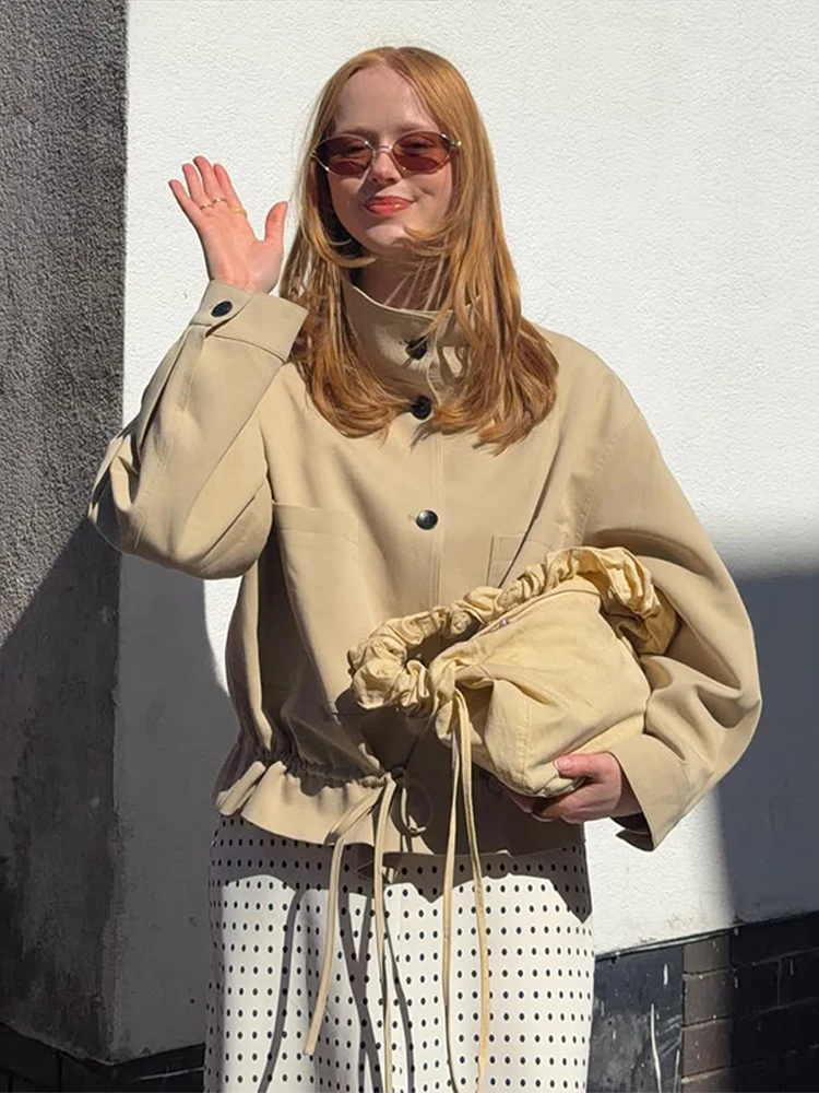 Stehkragen-Knopfjacke mit Kordelzug für Damen, Street-Style mit Epauletten, Langarm, Einreihig, Locker Geschnittene Jacke, Schicke Damenoberbekleidung, Neue Outerwear – Detail 14