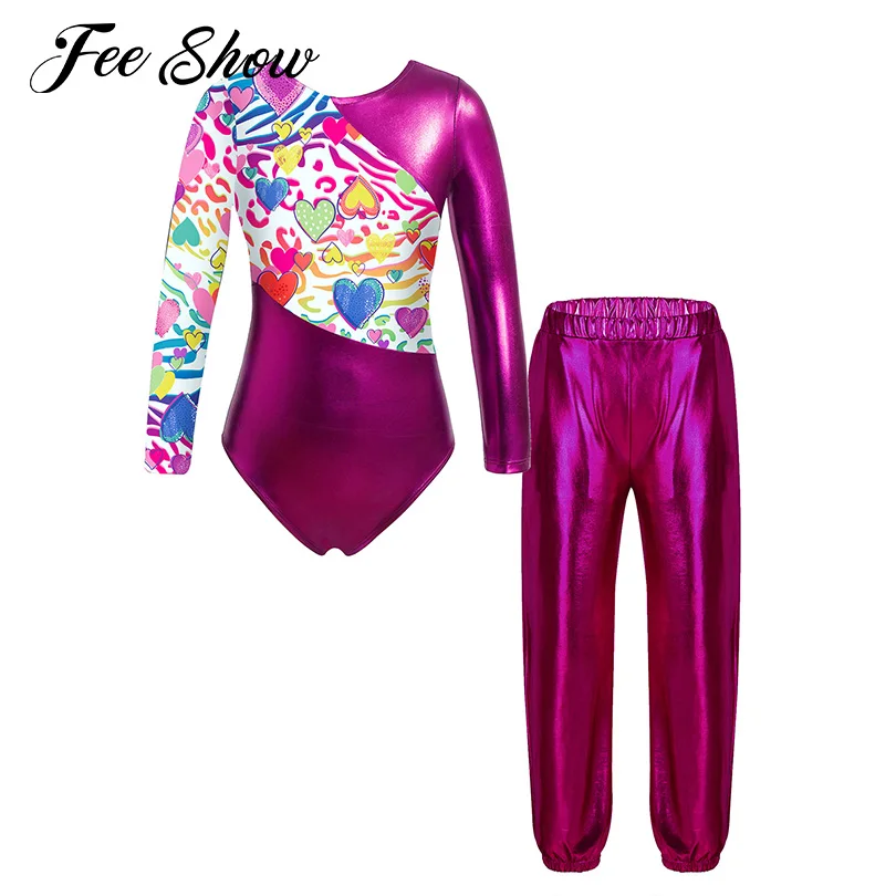 Kids Girls Metallic Sport Dance Bodysuit Outfits Long Sleeve Print Leotard with High Waist Pants for Gymnastics Dance Sportswear