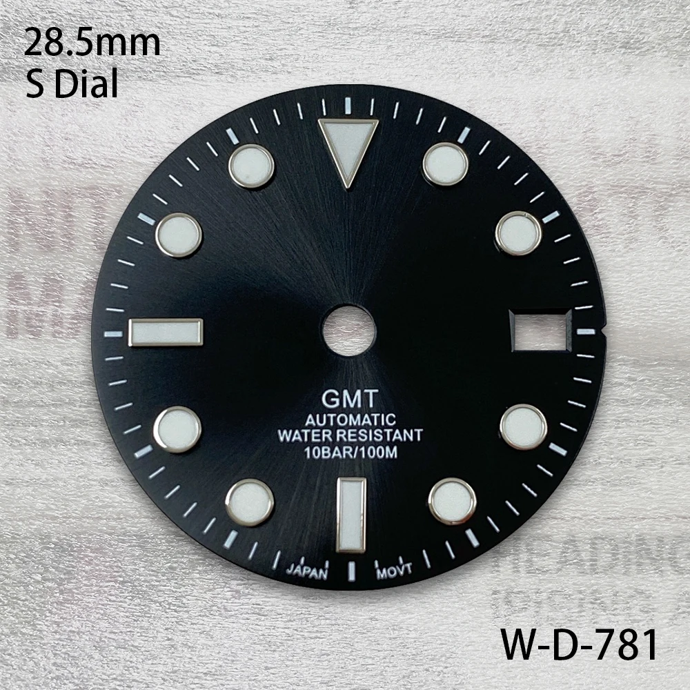 28.5mm S Logo GMT Dial Fit NH34 Movement Green Luminous Sunray Black Dial Watch Modification Accessories