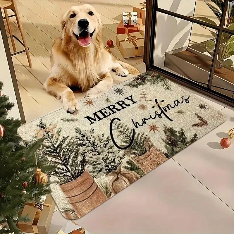 VIKAMA Merry Christmas Doormat Farmhouse Potted Greenery Stars Winter Welcome Mat Entryway Rug Front Porch Home Decor
