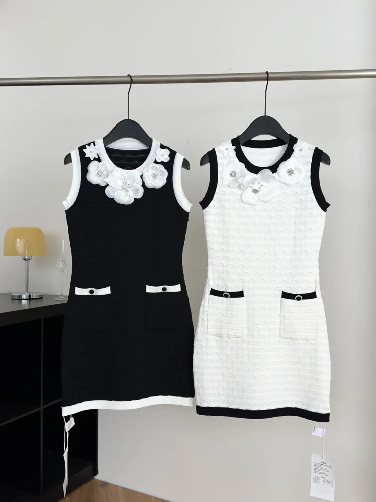 

Vintage 3D Floral Knitted Dress Women Elegant Celebrity Sleeveless Party Dresses Summer Small Fragrant Sexy Sheath Mini Vestidos