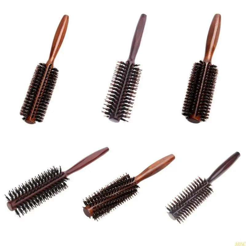 A0NCイノシシ毛の丸いスタイリングヘアブラシブローカーリングロールヘアブラシの木製ハンドル