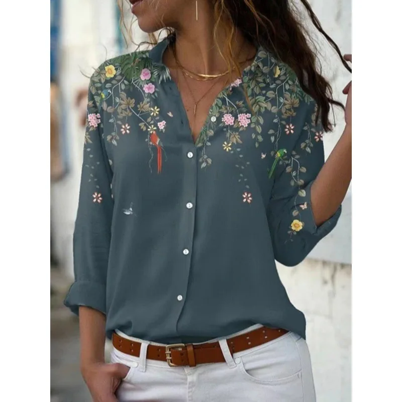 2024 new women\'s fashion lapel long-sleeved shirt 3d printed floral print casual shirt female versatile fashion