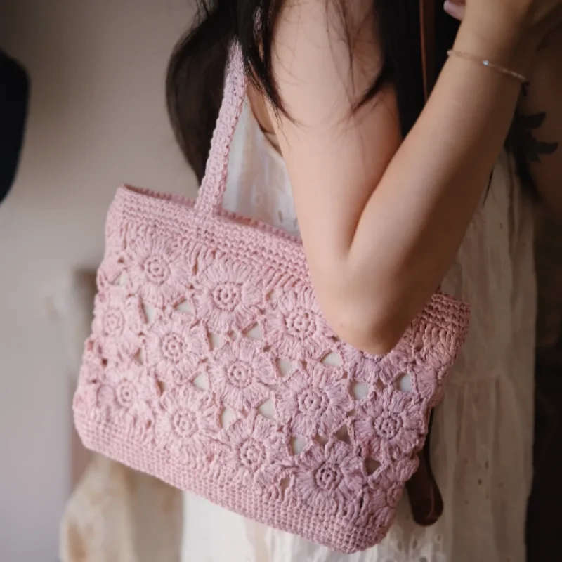 

Handmade crocheted patchwork shoulder bag, women's casual handbag with lining, shopping bag, simple and elegant