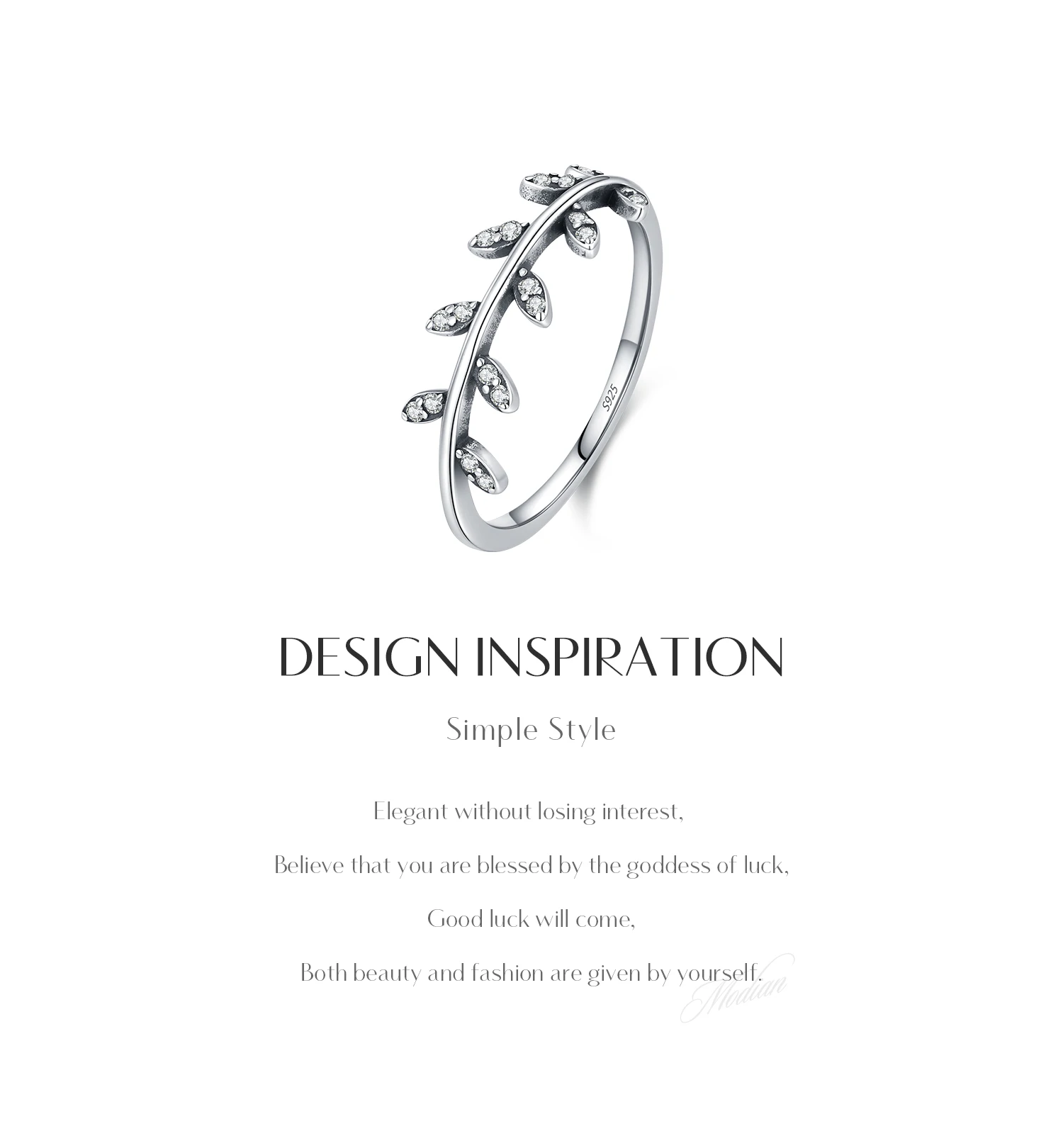 MODIAN Ring aus 925er-Sterlingsilber mit Blattzweig-Motiv, klarem Zirkonia, Olivenzweig, dünn, stapelbar, Fingerringe für Damen, Natur, edler Schmuck – Detail 2